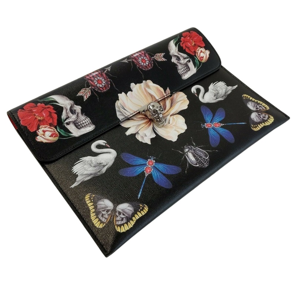 Alexander McQueen Black Leather Flower Animal Skull Clutch 554197 1090 - Picture 6 of 11